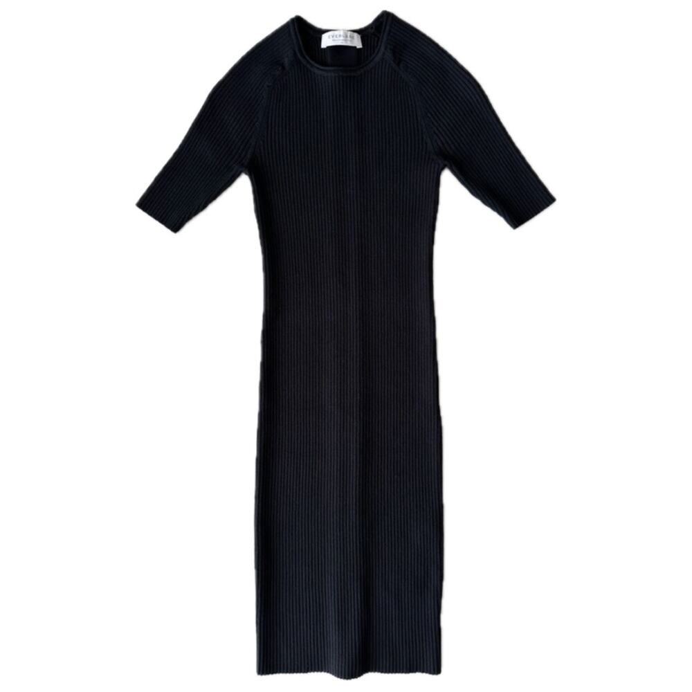 Everlane Ribbed Knit Fitted Short Sleeve Black Dress